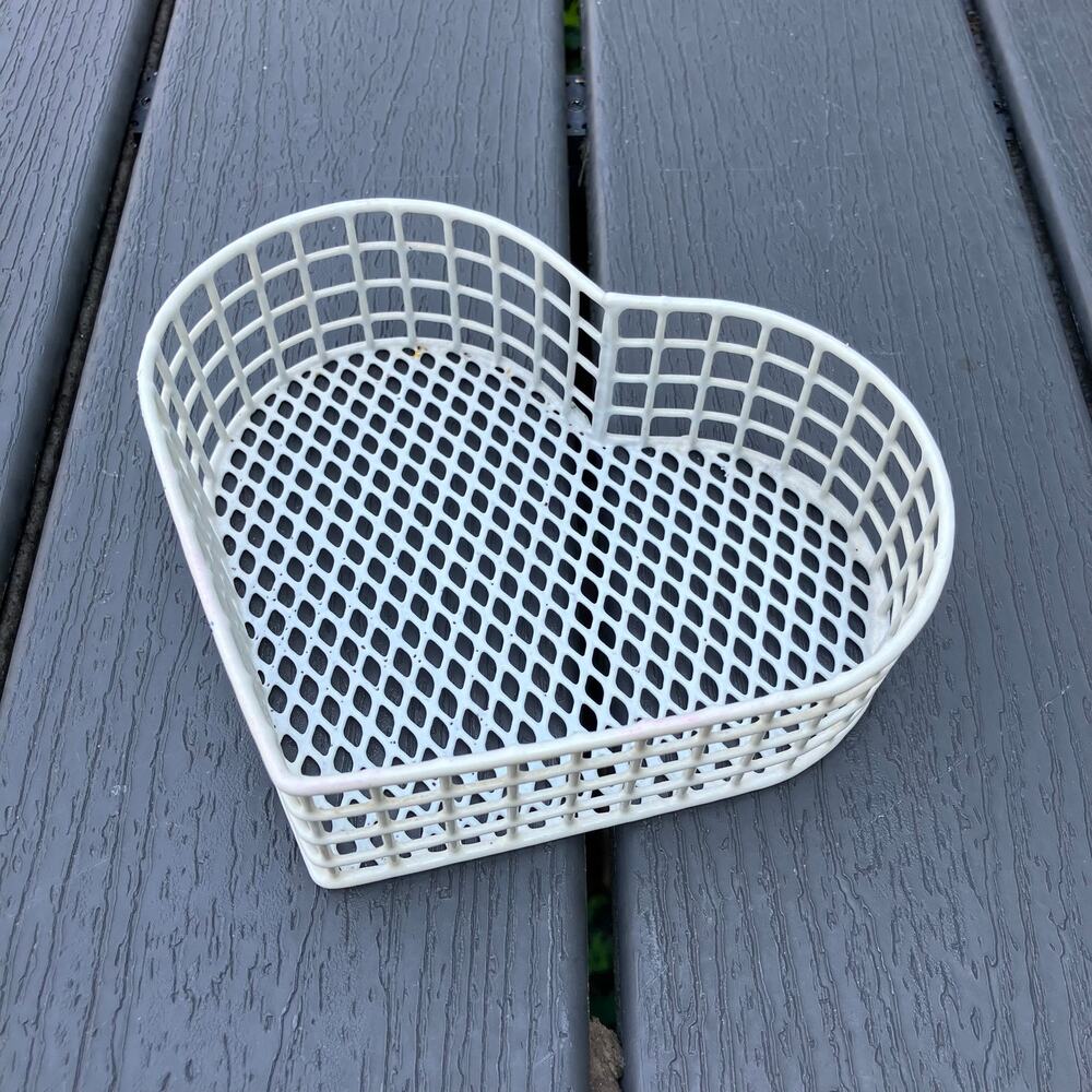 Vintage white heart shaped wire basket, cottagecore farmhouse shabby chic